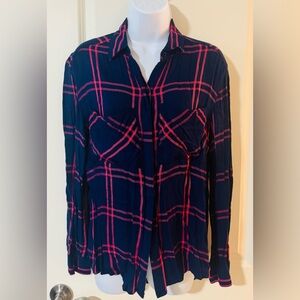 Express Navy and Pink Plaid Button Down Shirt